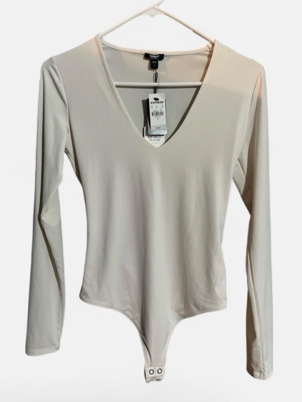 Express Long Sleeve V-Neck Bodysuit in Light Beige